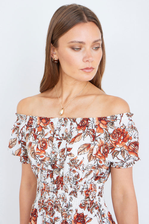 Yumi Orange Floral Ruched Waist Midi Dress