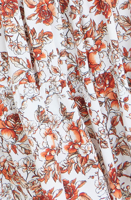 Yumi Orange Floral Ruched Waist Midi Dress
