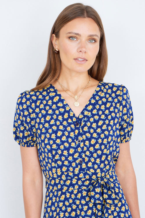 Yumi Navy Floral Midi Shirt Dress