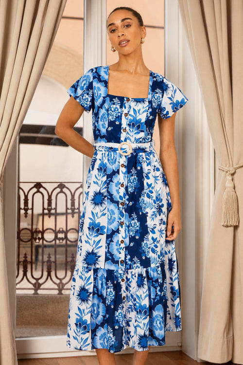 Yumi Blue Floral Viscose Midi Shirt Dress With Matching Belt