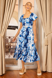 Yumi Blue Floral Viscose Midi Shirt Dress With Matching Belt