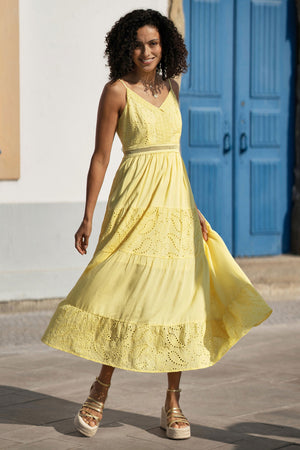 Yumi Butter Yellow Cotton Lace Trim Midi Dress