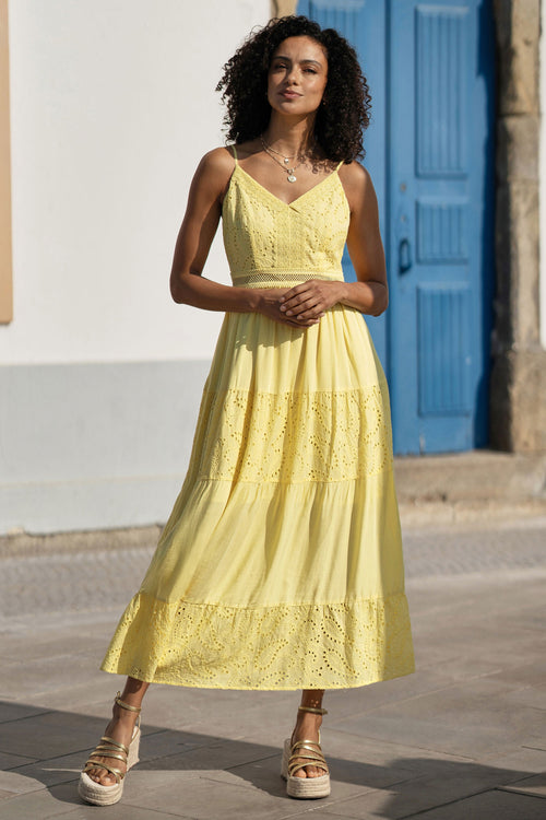 Yumi Butter Yellow Cotton Lace Trim Midi Dress