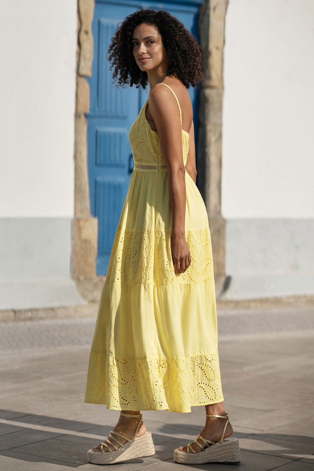 Yumi Butter Yellow Cotton Lace Trim Midi Dress