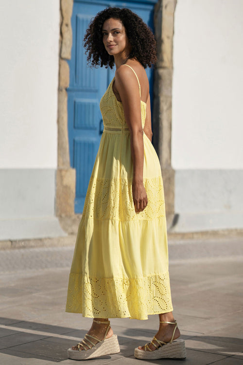 Yumi Butter Yellow Cotton Lace Trim Midi Dress
