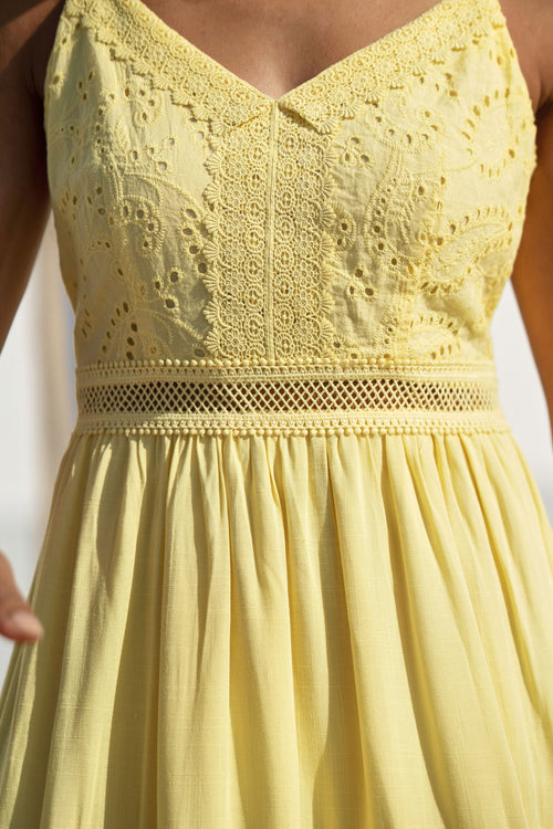 Yumi Butter Yellow Cotton Lace Trim Midi Dress