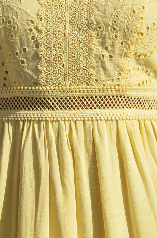 Yumi Butter Yellow Cotton Lace Trim Midi Dress