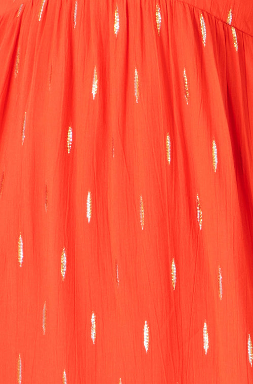 Yumi Orange Foil Print Viscose Cut Out Midi Dress