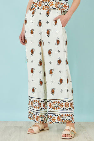 Yumi Ivory Viscose Paisley Wide Leg Trousers