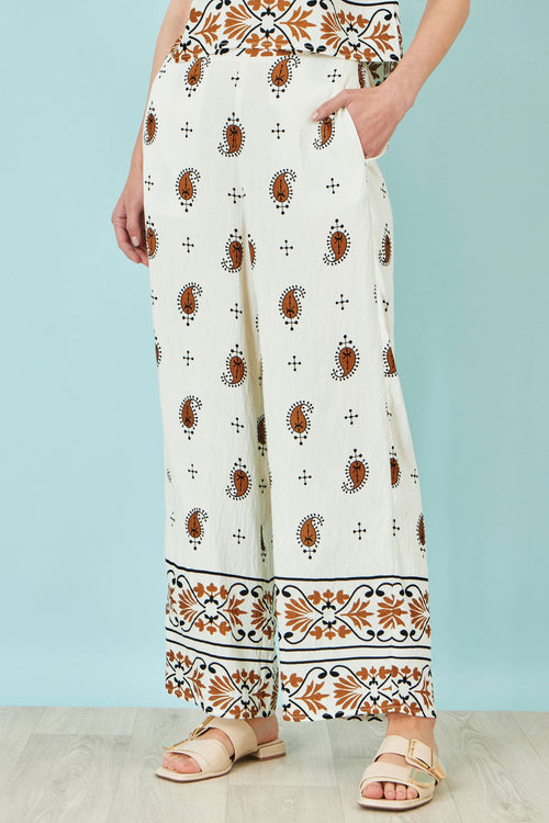 Yumi Ivory Viscose Paisley Wide Leg Trousers