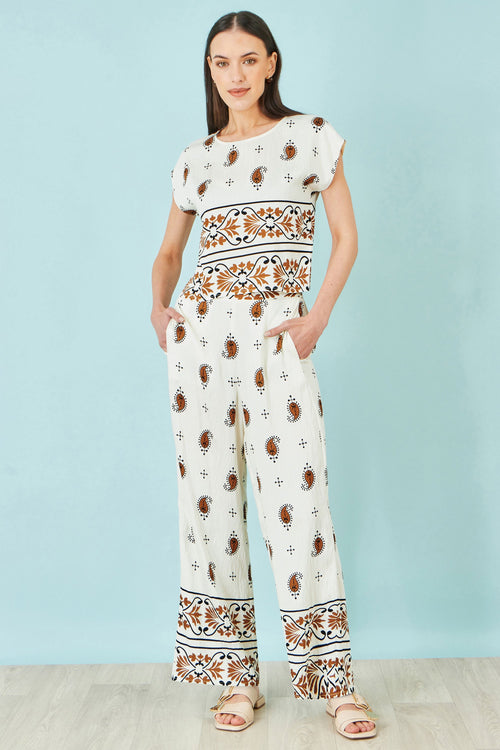 Yumi Ivory Viscose Paisley Wide Leg Trousers