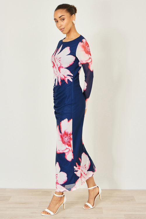 Yumi Navy Floral Placement Floral Long Sleeve Mesh Maxi Dress