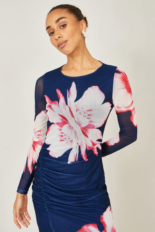 Yumi Navy Floral Placement Floral Long Sleeve Mesh Maxi Dress