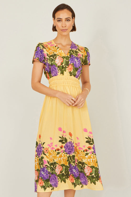 Yumi Butter Yellow Floral Mirror Print Viscose Midi Dress