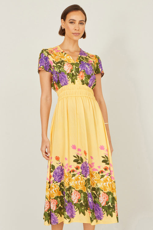 Yumi Butter Yellow Floral Mirror Print Viscose Midi Dress