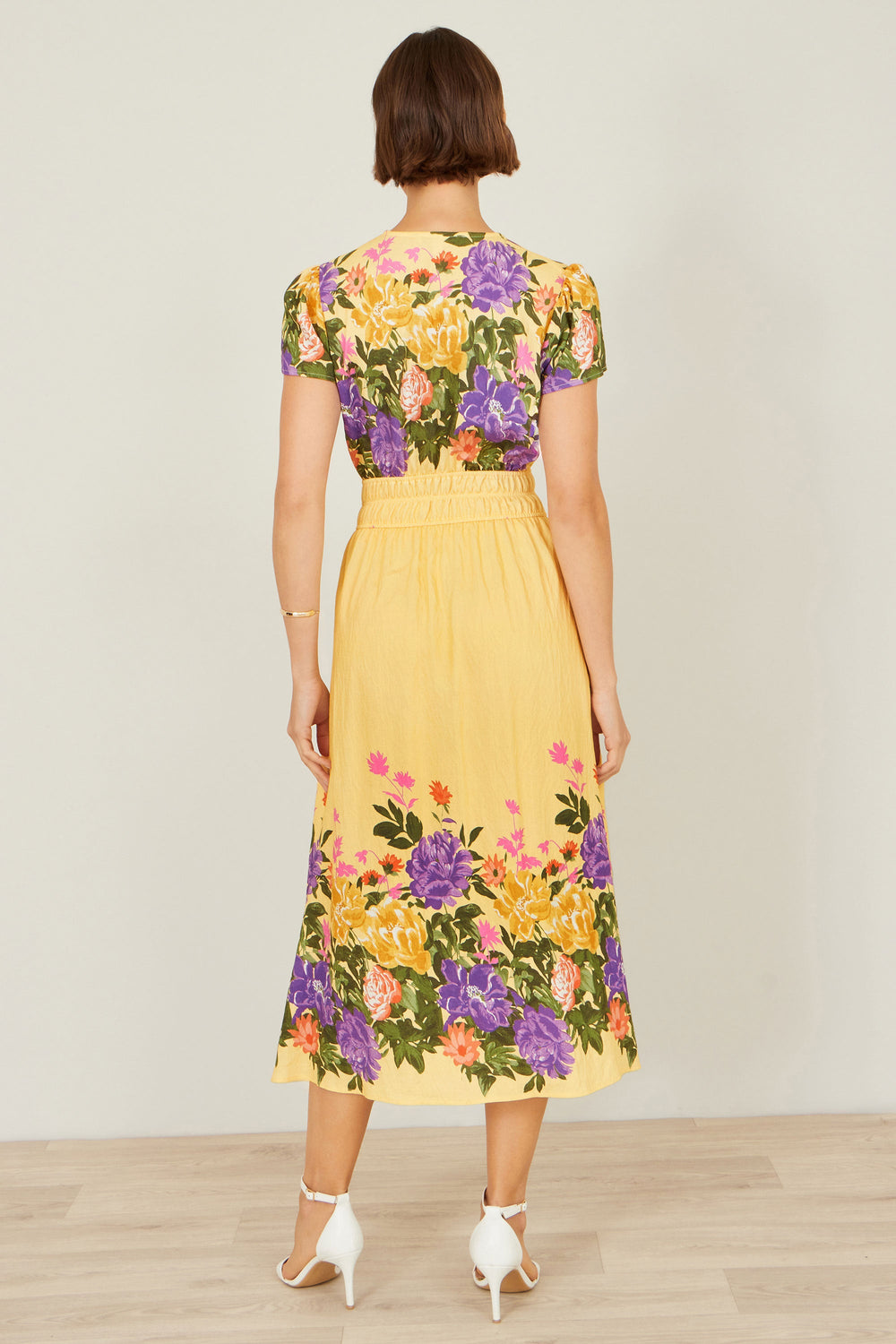 Yumi Butter Yellow Floral Mirror Print Viscose Midi Dress