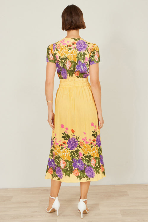 Yumi Butter Yellow Floral Mirror Print Viscose Midi Dress