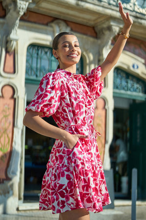 Yumi Pink Floral Print Viscose Relaxed Shirt Dress