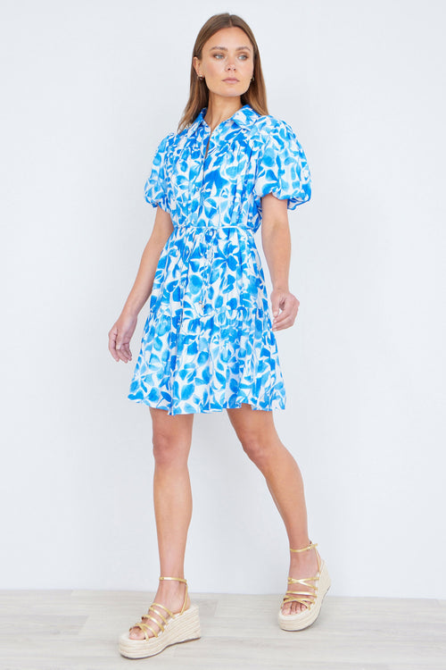 Yumi Blue Floral Print Viscose Relaxed Shirt Dress