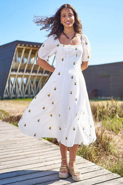 Yumi White Cotton Sunflower Embroidered Midi Dress