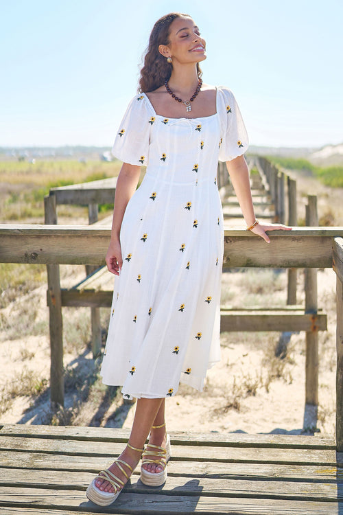 Yumi White Cotton Sunflower Embroidered Midi Dress