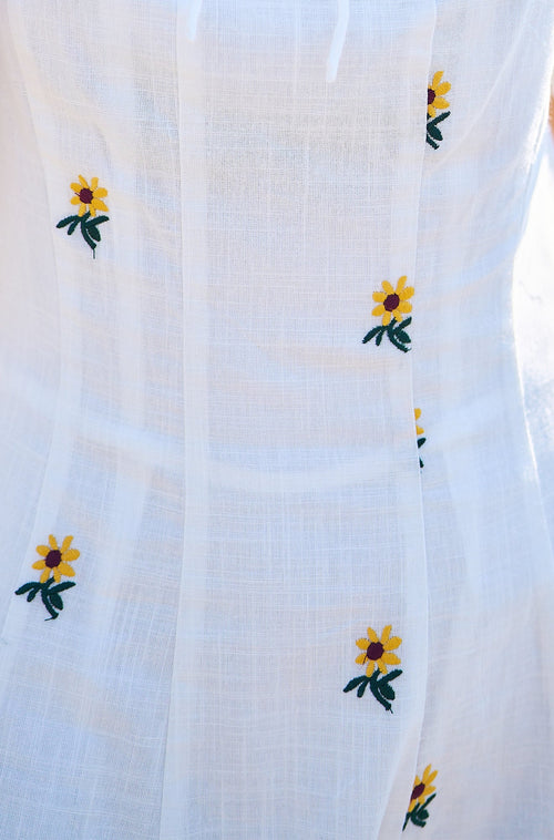 Yumi White Cotton Sunflower Embroidered Midi Dress