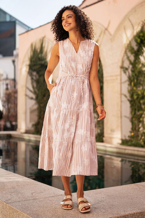 Yumi Brown Stripe With Embroidered Flower Cotton Dress