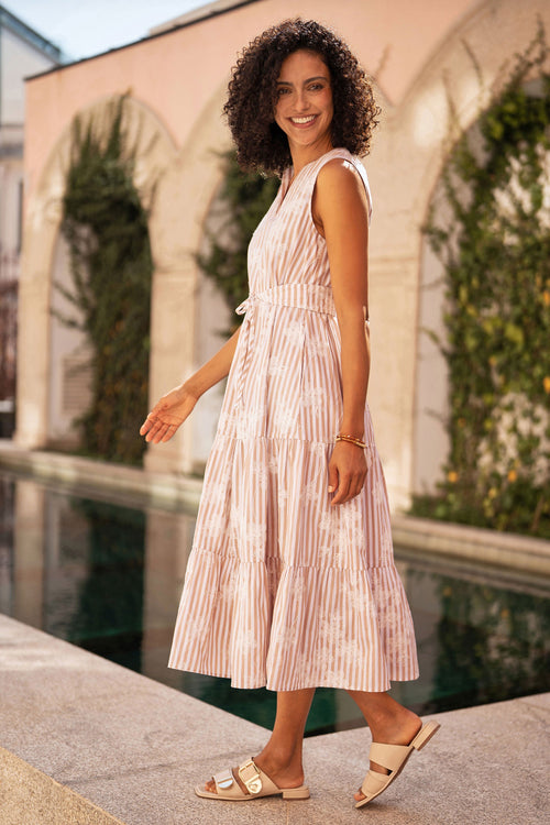 Yumi Brown Stripe With Embroidered Flower Cotton Dress