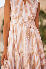 Yumi Brown Stripe With Embroidered Flower Cotton Dress