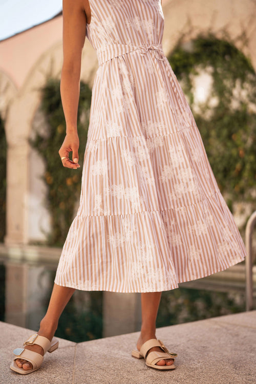 Yumi Brown Stripe With Embroidered Flower Cotton Dress