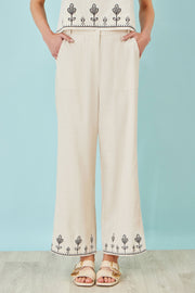 Yumi Ivory Linen Mix Embroirdered Trousers