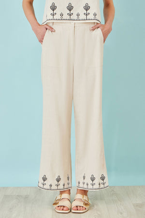 Yumi Ivory Linen Mix Embroirdered Trousers