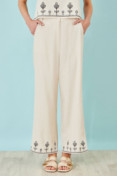 Yumi Ivory Linen Mix Embroirdered Trousers