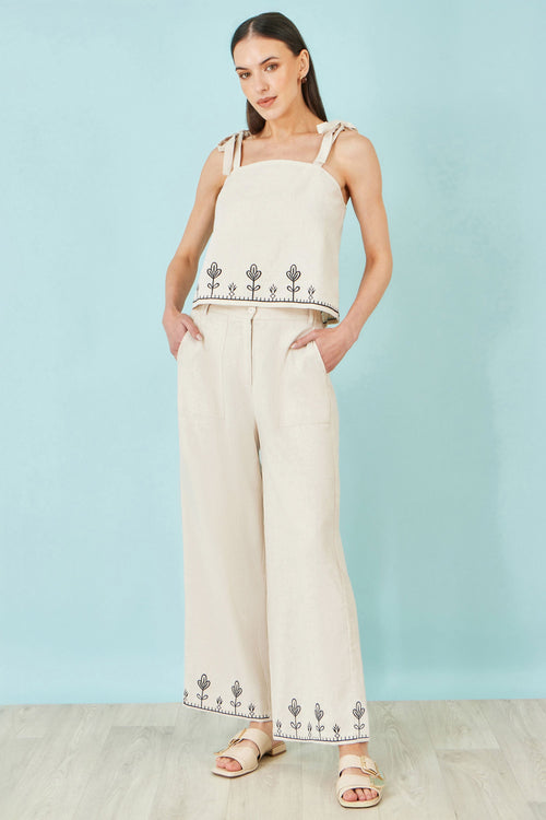 Yumi Ivory Linen Mix Embroirdered Trousers