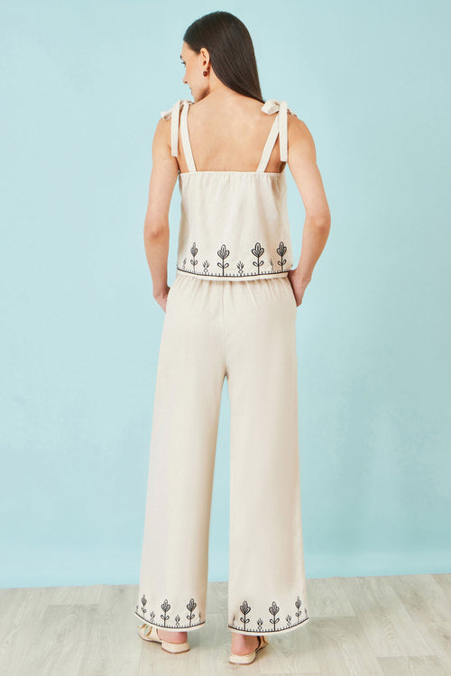 Yumi Ivory Linen Mix Embroirdered Trousers