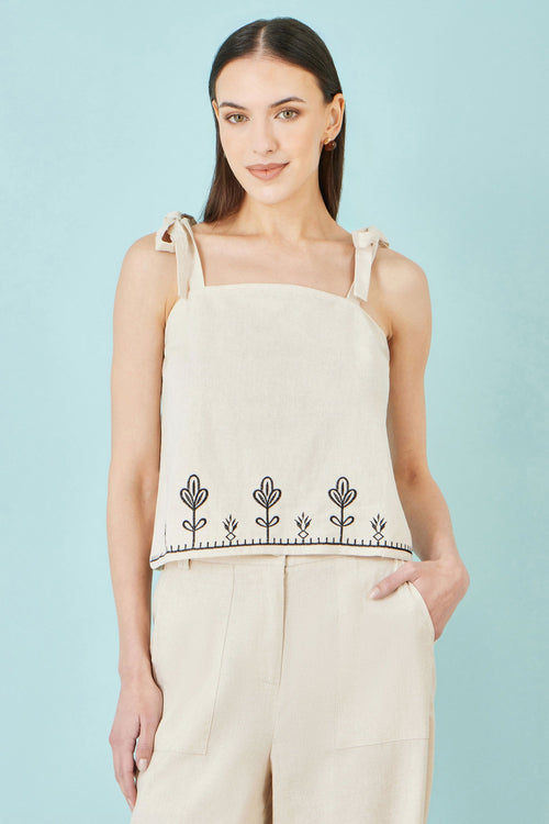 Yumi Ivory Linen Mix Embroirdered Top