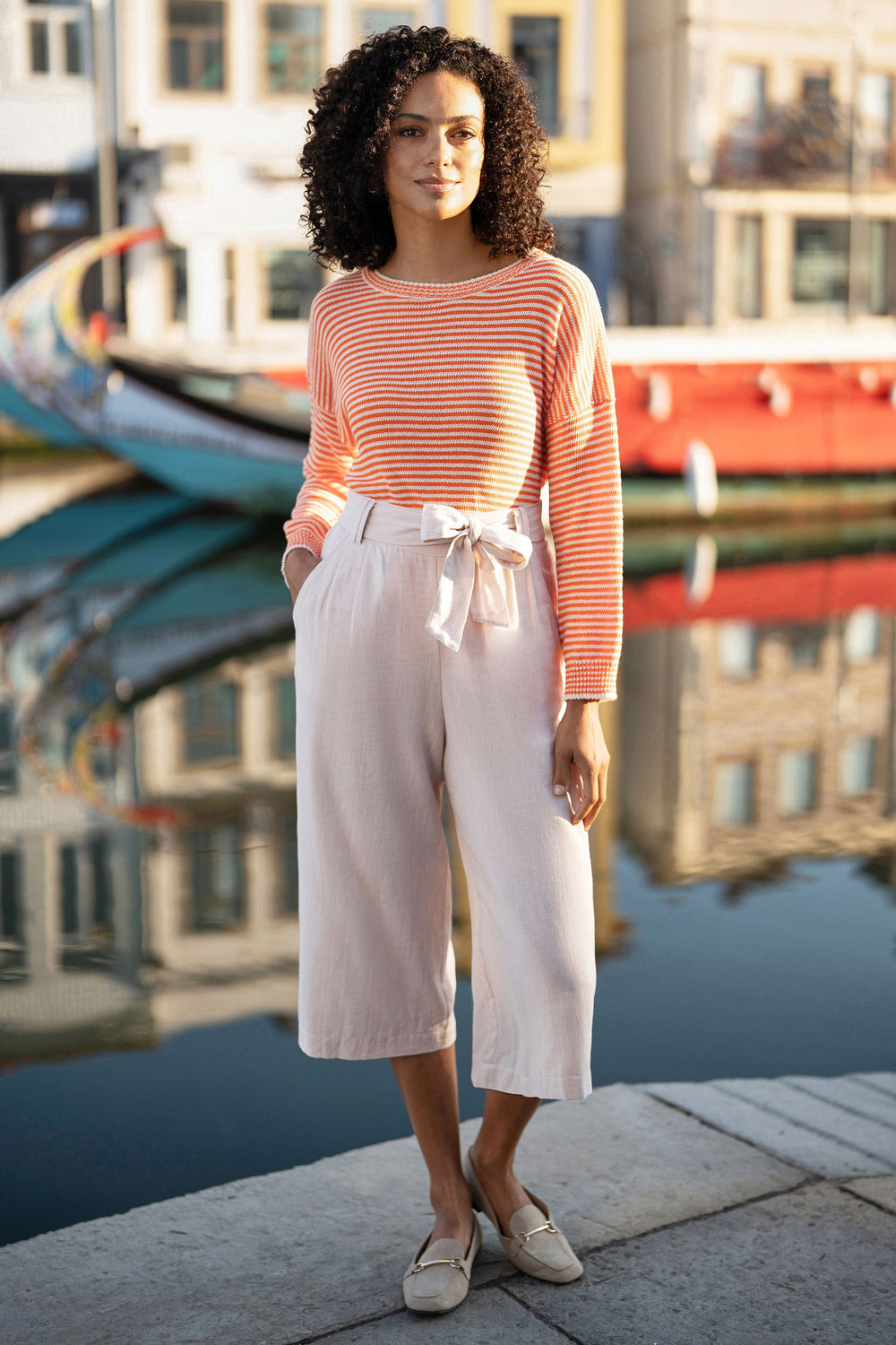 Yumi Natural Linen Mix Cropped Trousers With Tie Belt