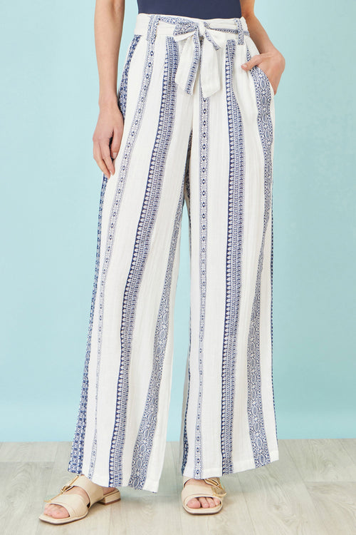 Yumi White Linen Mix Cropped Trousers With Tie Belt