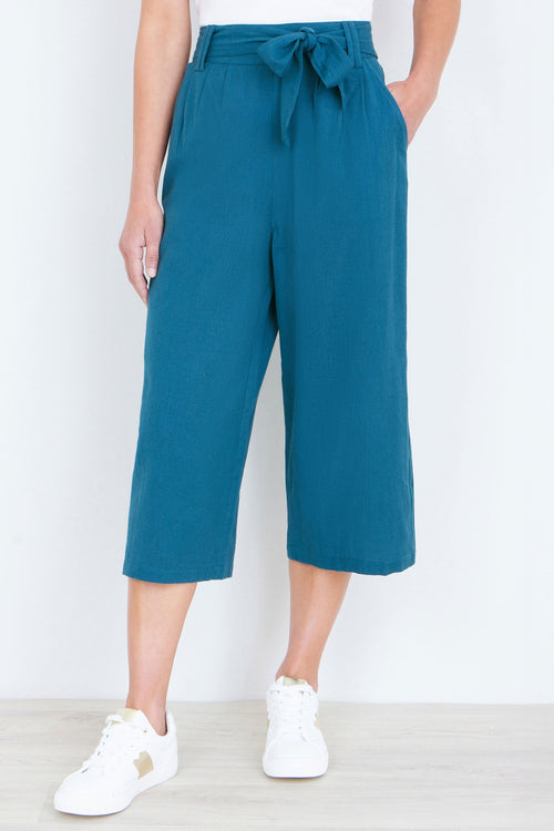 Yumi Teal Linen Mix Cropped Trousers With Tie Belt