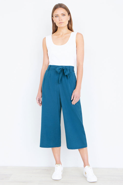 Yumi Teal Linen Mix Cropped Trousers With Tie Belt
