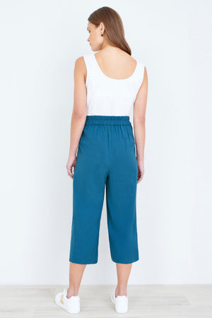 Yumi Teal Linen Mix Cropped Trousers With Tie Belt