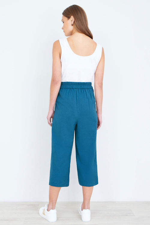Yumi Teal Linen Mix Cropped Trousers With Tie Belt