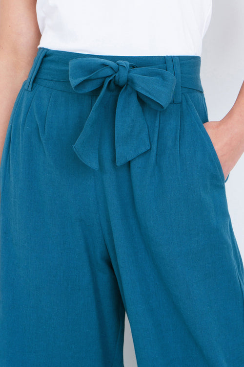 Yumi Teal Linen Mix Cropped Trousers With Tie Belt