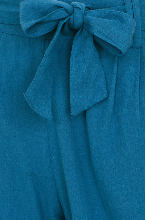Yumi Teal Linen Mix Cropped Trousers With Tie Belt