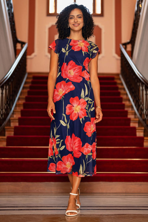 Yumi Navy Poppy Print Midi Mesh Dress