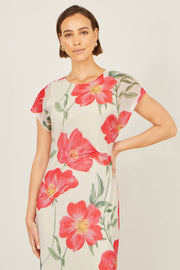 Yumi Ivory Poppy Print Midi Mesh Dress