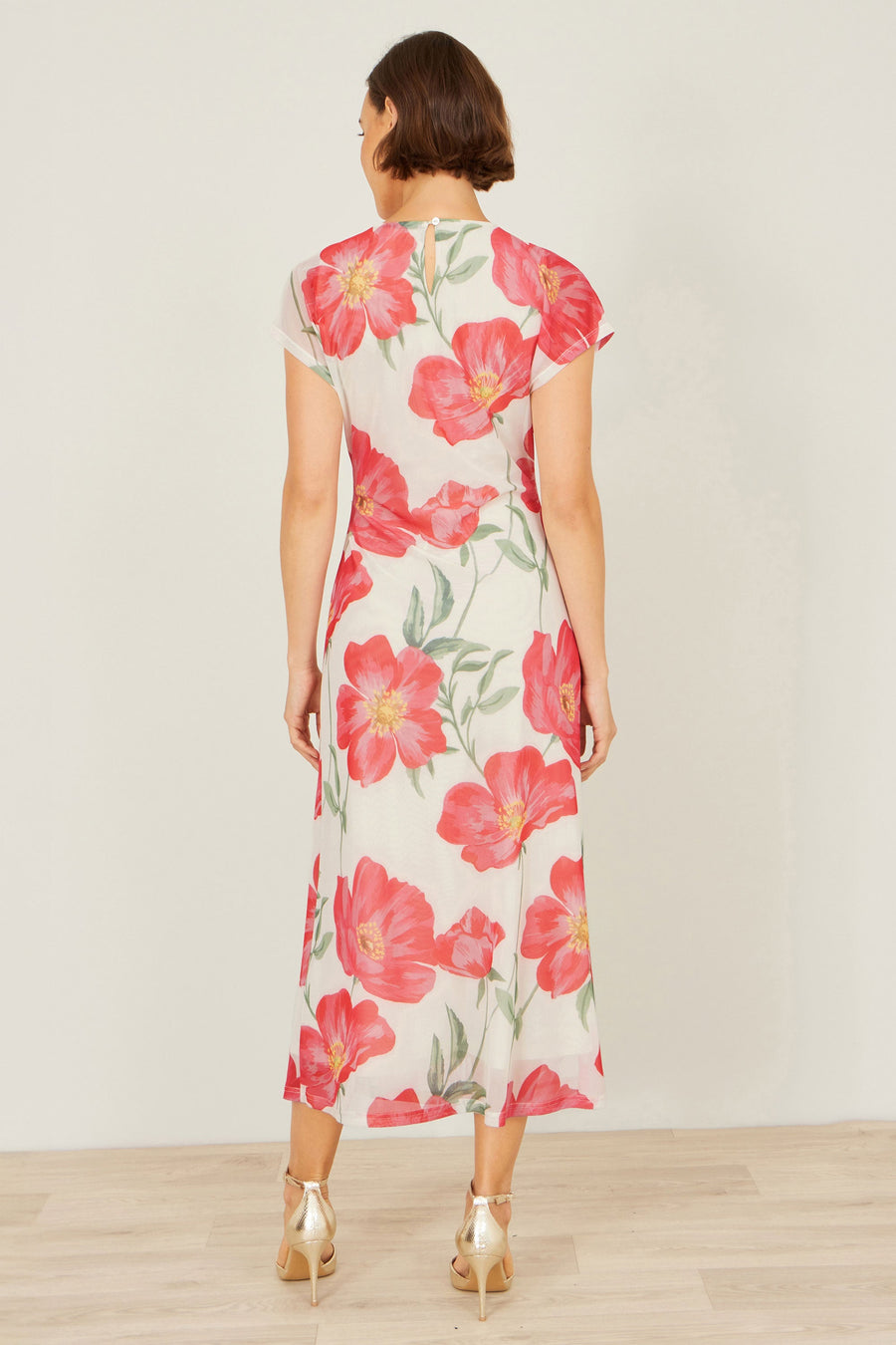 Yumi Ivory Poppy Print Midi Mesh Dress