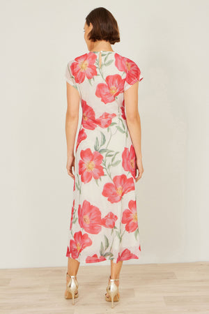 Yumi Ivory Poppy Print Midi Mesh Dress