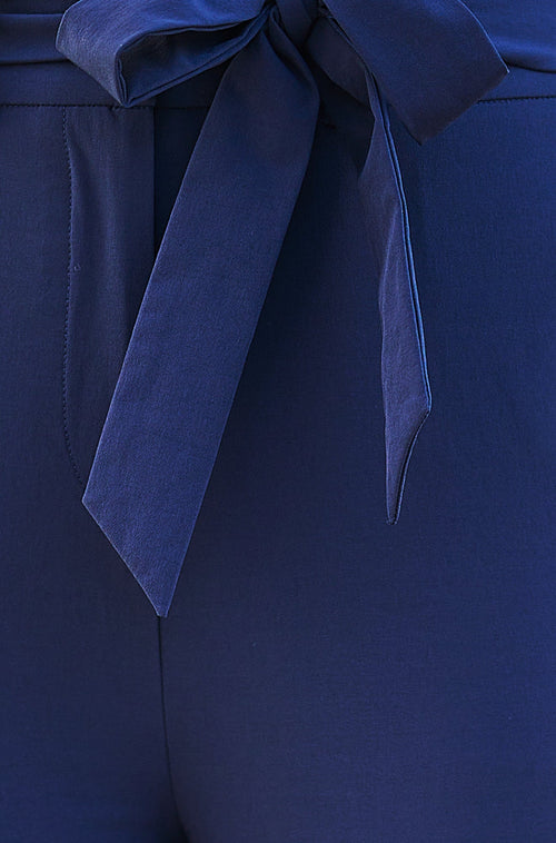 Yumi Navy Stretch Capri Pants With Tie Belt
