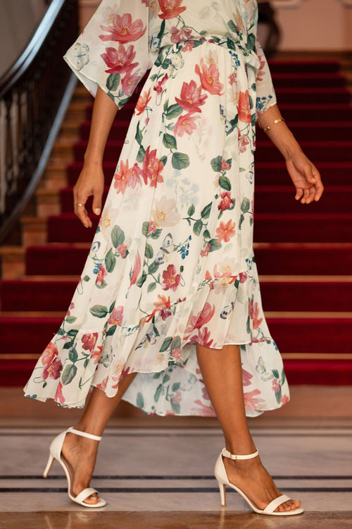 Yumi Ivory Floral Print Wrap Midi Dress With Dipped Hem